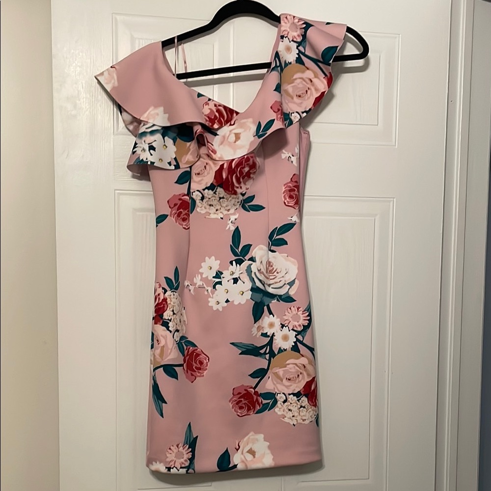 Guess Pink Ruffled Asymmetrical One Shoulder Dress